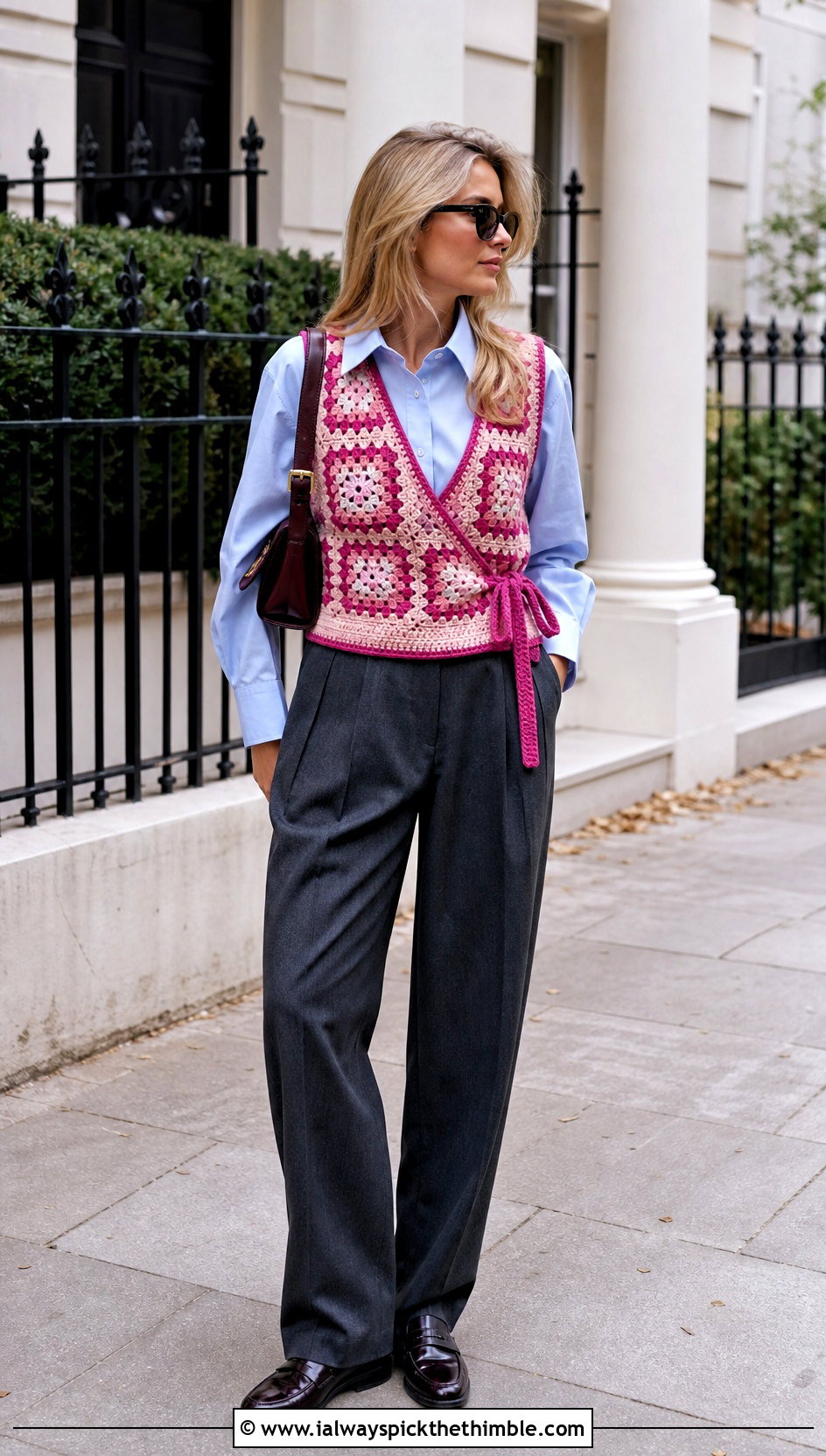 Vest Style Granny Square Wrap Top With Button Down Shirt - 25 granny square wrap top outfit ideas