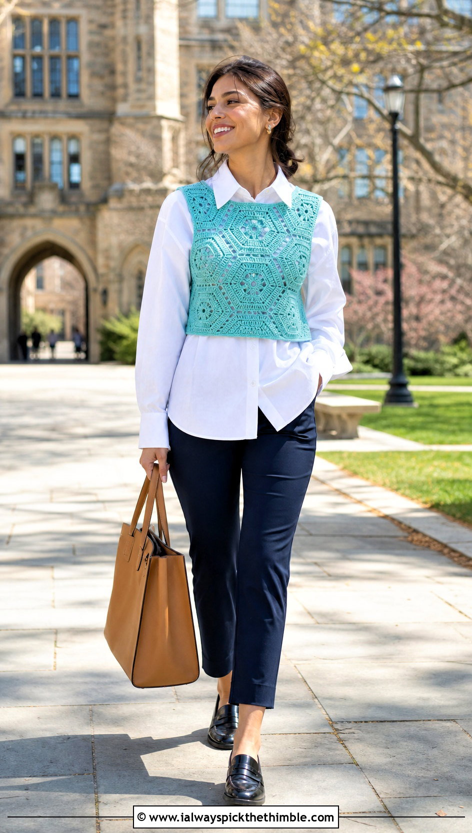 Vest Style Hexagon Crop Top With Button Down Shirt - 20 crochet hexagon crop top outfit ideas