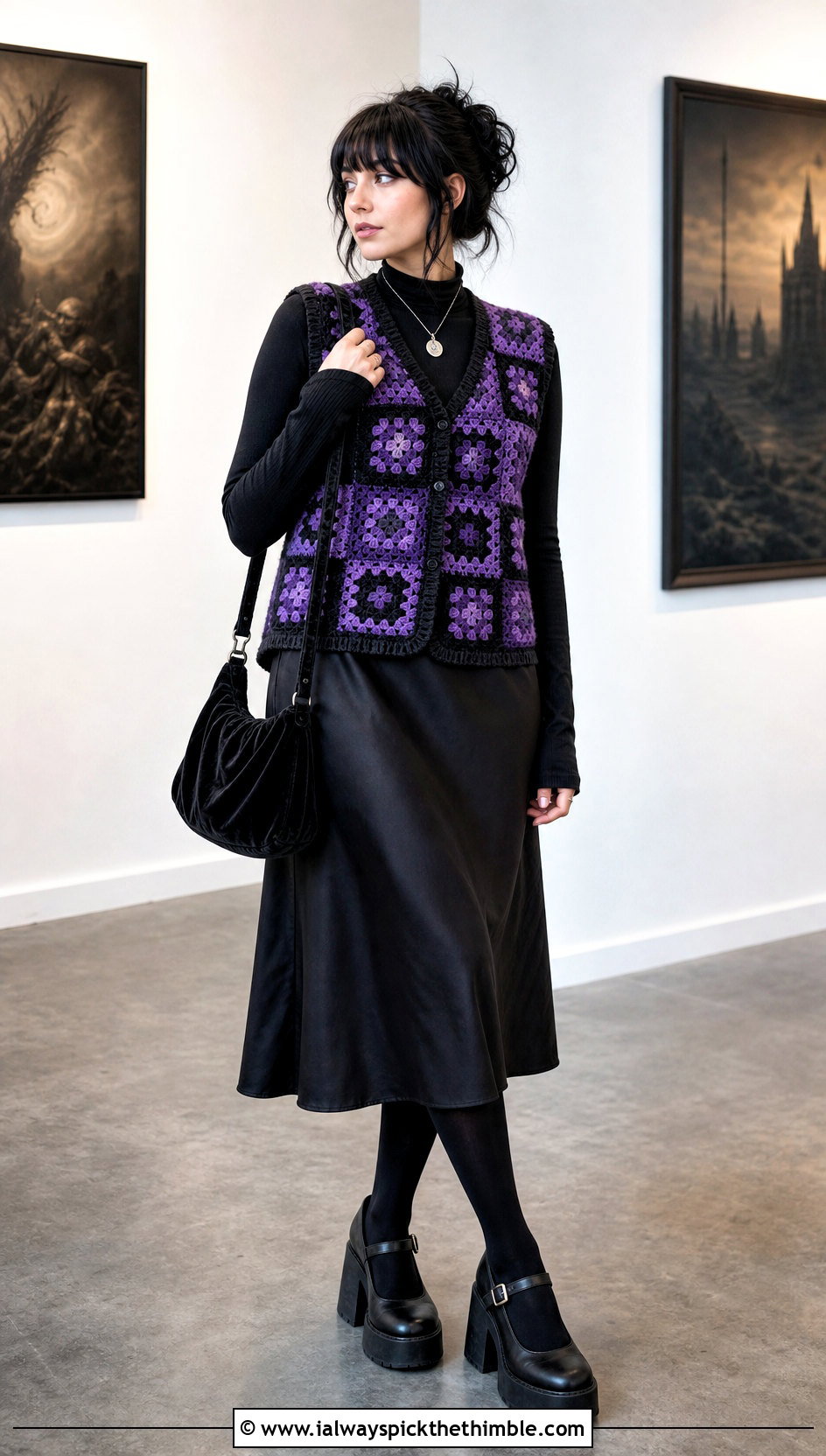 Vibrant Violet Granny Square Wednesday Addams Vest With Slip Dress - 15 Crochet Wednesday Addams Vest outfit ideas