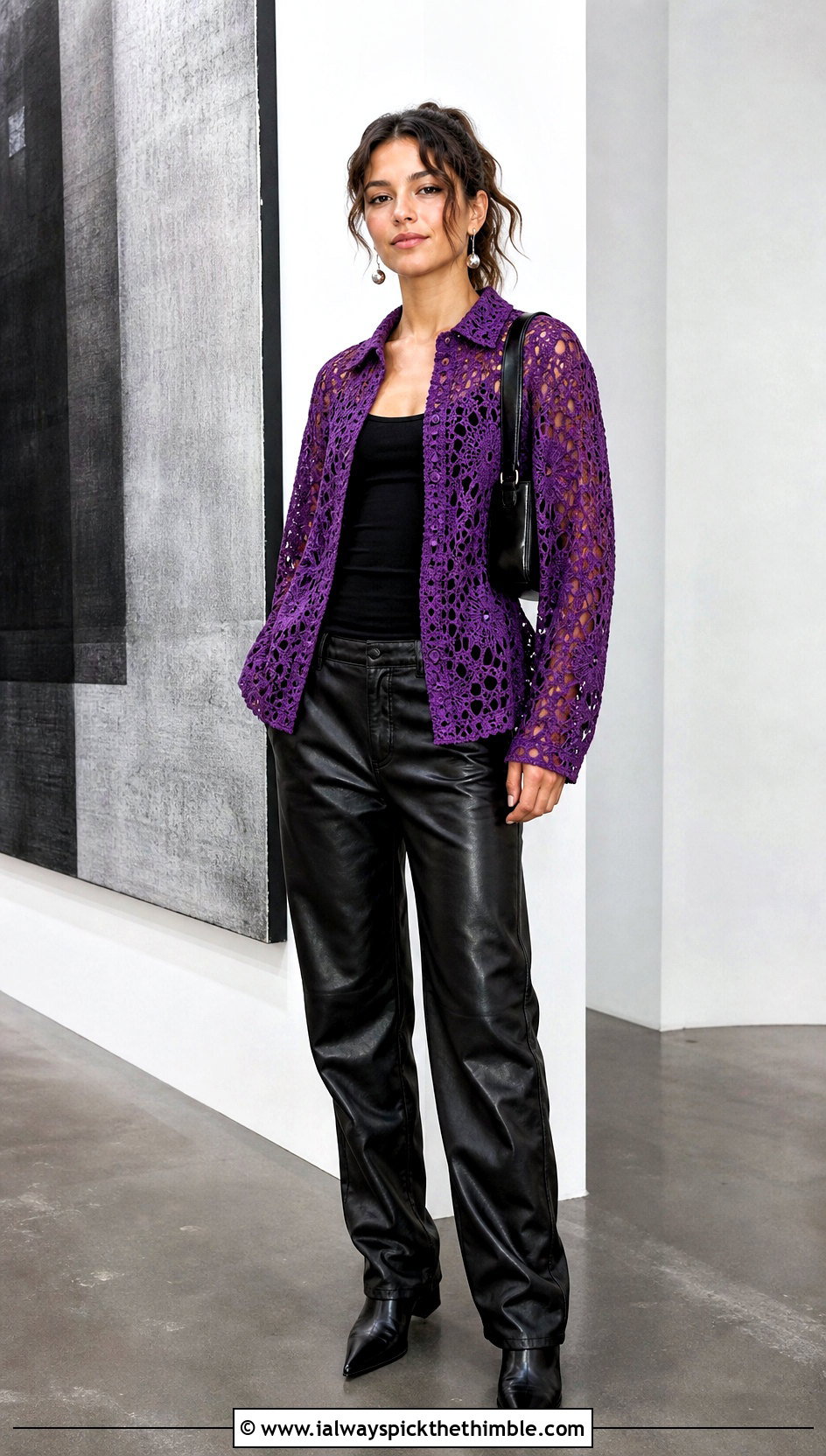 Vibrant Violet Lace Knit Stussy Crochet Shirt With Leather Pants - 15 stussy crochet shirt outfit ideas