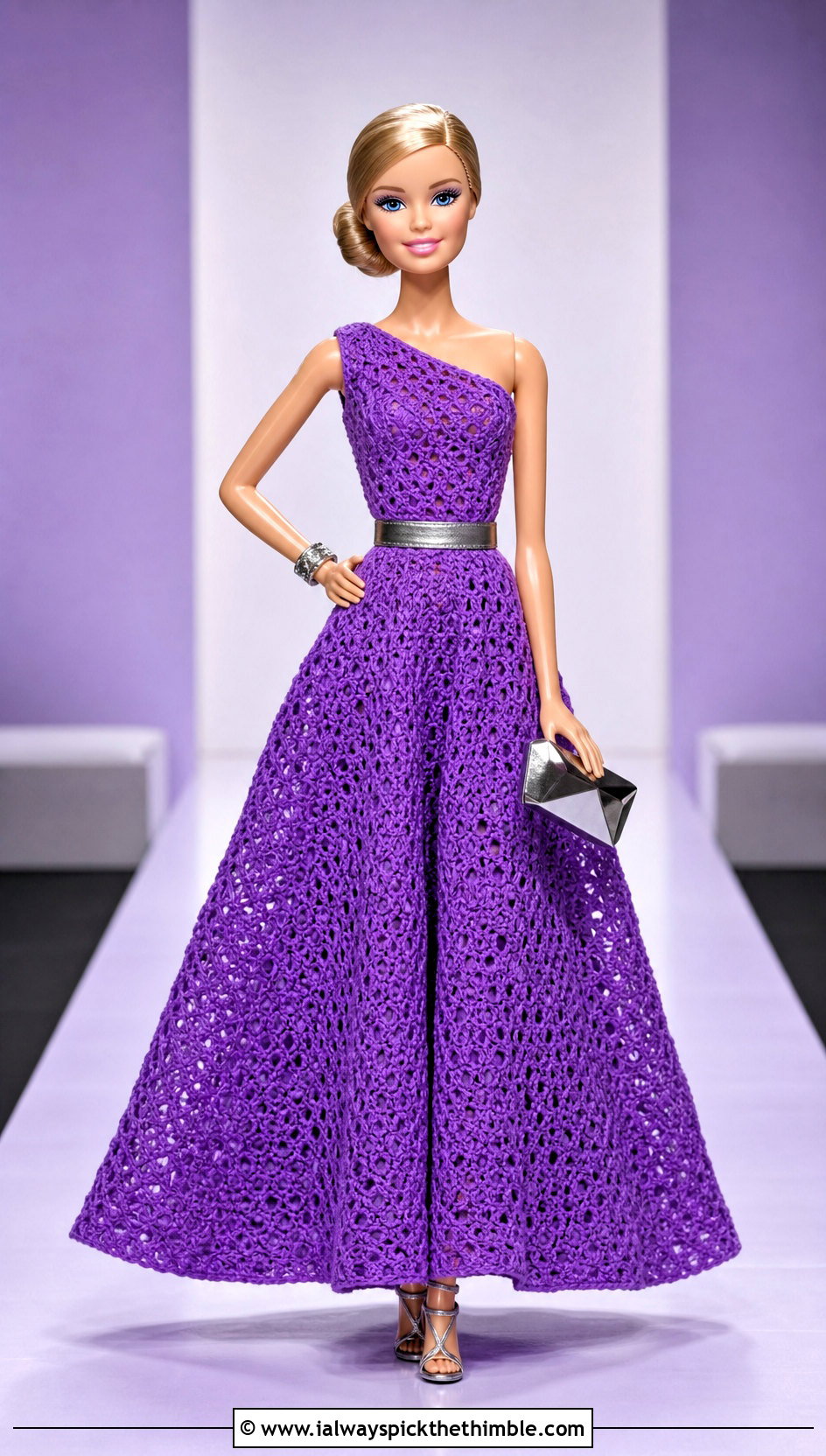Vibrant Violet One Shoulder Crochet Barbie Ball Gown - 20 crochet barbie ball gowns outfit ideas