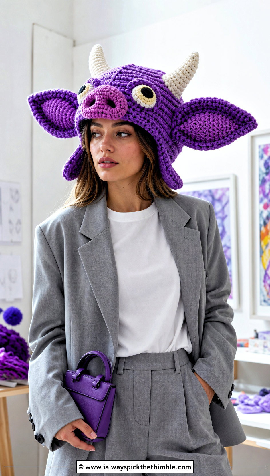 Vibrant Violet Oversized Bokoblin Crochet Hat With Blazer - 15 Bokoblin Crochet Hat outfit ideas
