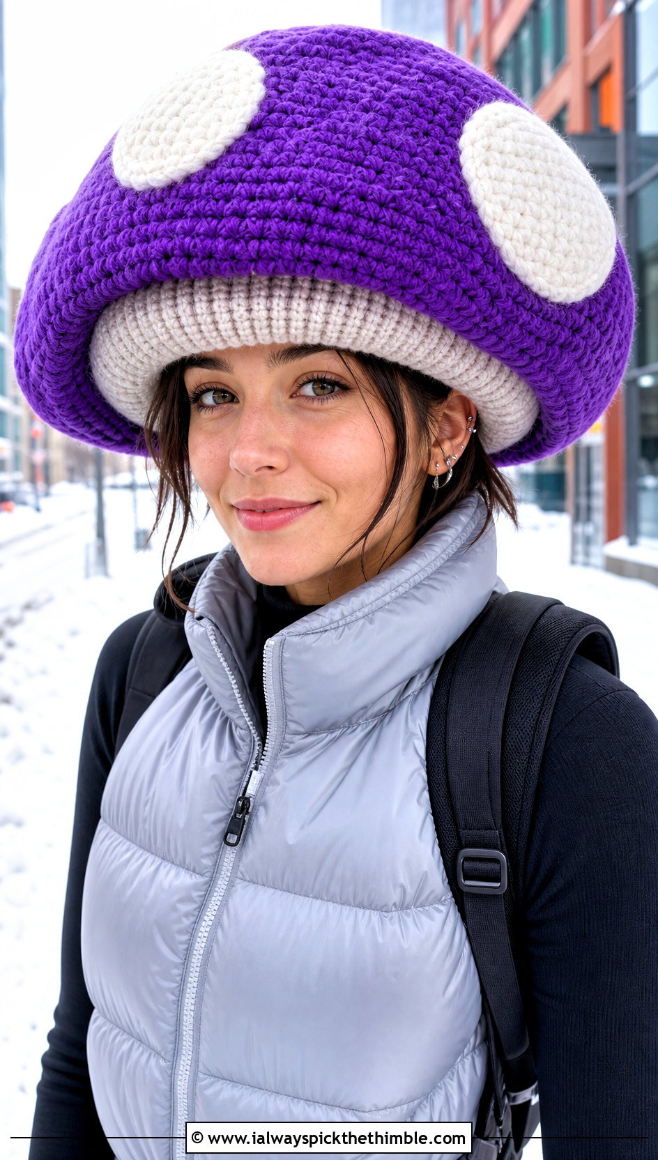 Vibrant Violet Oversized Toad Hat With Puffer Vest Outfit - 15 Mario Toad Crochet Hat outfit ideas
