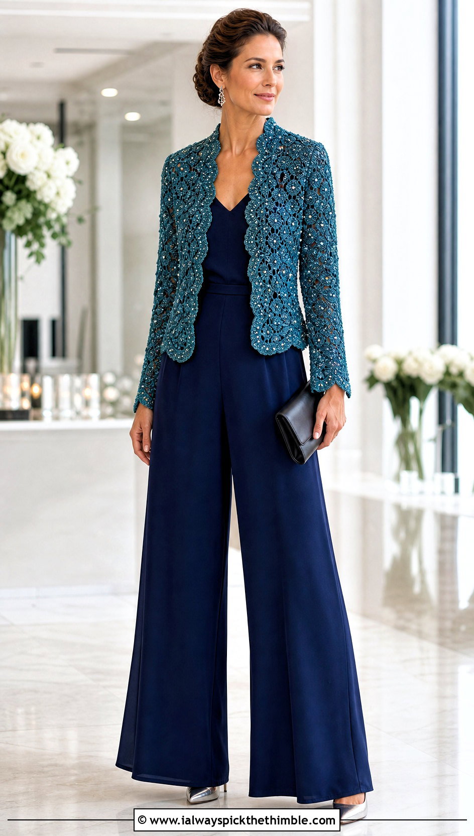 Victorian Beaded Crochet Cardigan With Jumpsuit And Heels - 15 Victorian Style Crochet Cardigan outfit ideas