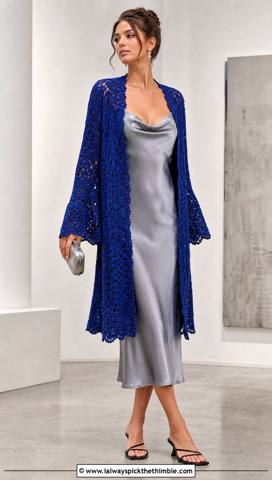 Victorian Bell Sleeve Crochet Cardigan With Satin Slip Dress - 15 Victorian Style Crochet Cardigan outfit ideas