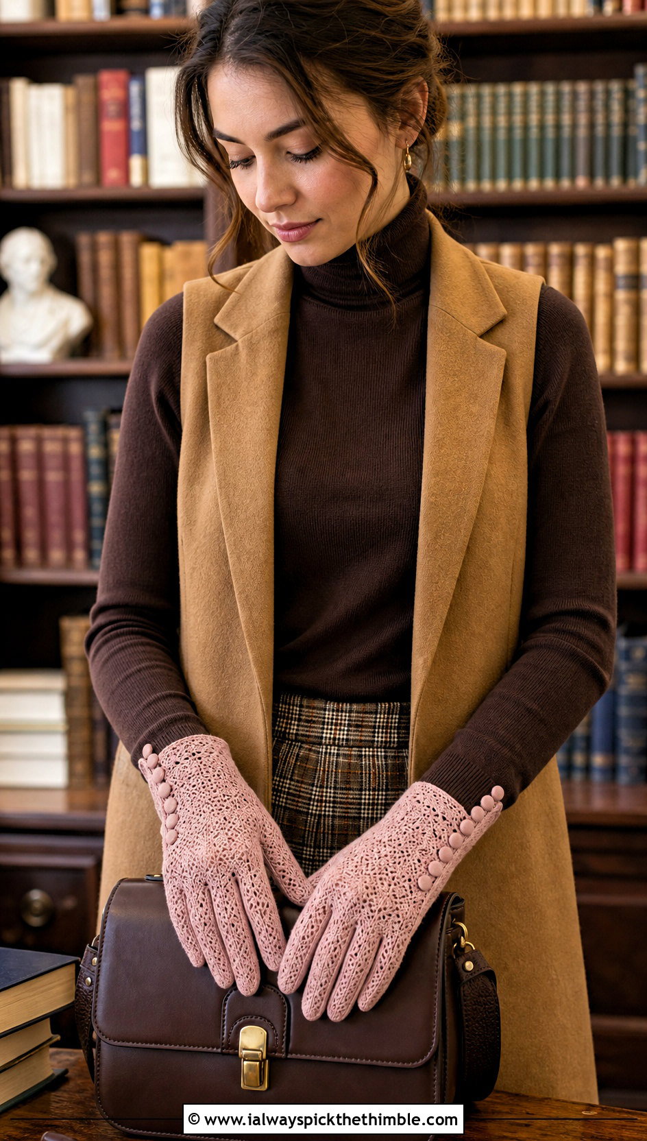 Victorian Buttoned Crochet Lace Gloves With Plaid Trousers - 20 crochet lace gloves outfit ideas