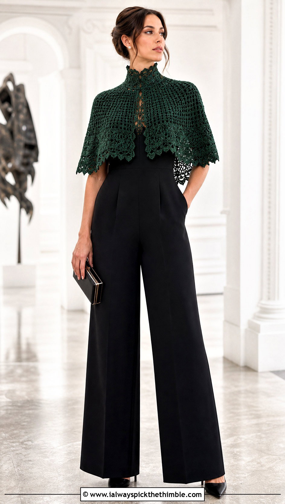 Victorian Collar Crochet Capelet With Black Jumpsuit - 25 crochet capelet outfit ideas