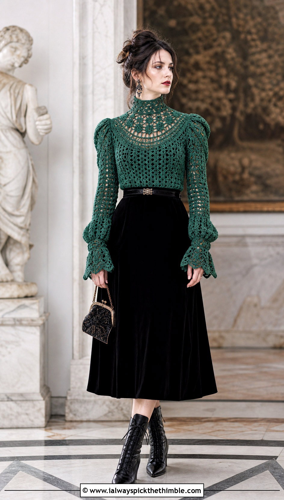 Victorian Crochet Blouse With Velvet Skirt - 25 Crochet Goth Clothes and outfit ideas