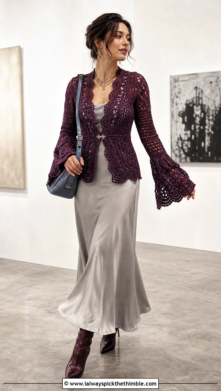 Victorian Flared Cuff Crochet Cardigan With Bias Cut Maxi Skirt - 15 Victorian Style Crochet Cardigan outfit ideas