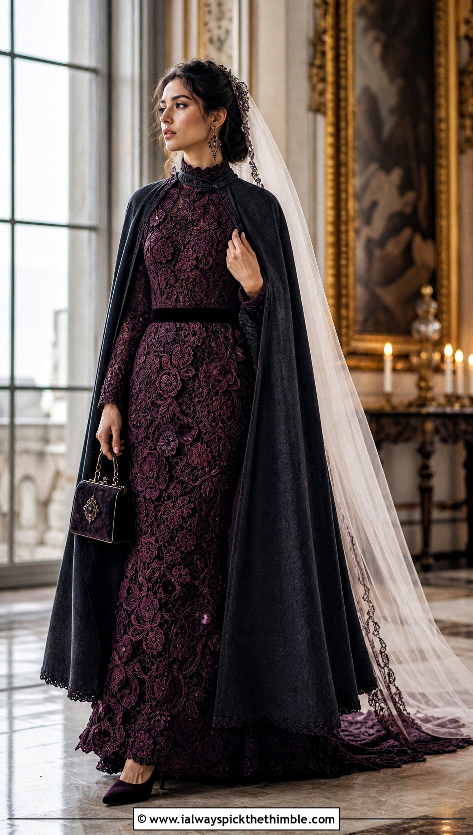 Victorian Floral Crochet Wedding Dress With Velvet Cape - 20 vintage crochet wedding dress outfit ideas