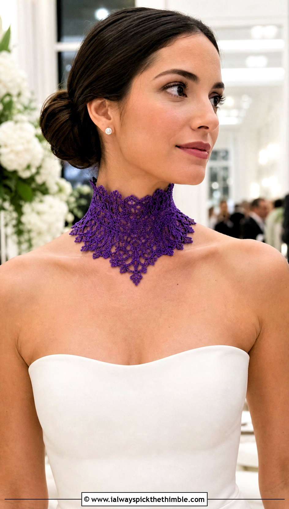 Victorian High Neck Crochet Choker With Crepe Column Gown - 15 Wedding Necklace Crochet Collar Choker outfit ideas