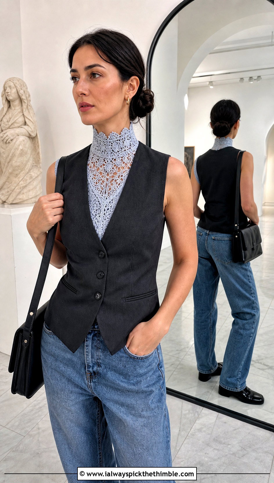 Victorian High Neck Lace Crochet Collar With Vest And Jeans - 20 Lace Crochet Collar outfit ideas