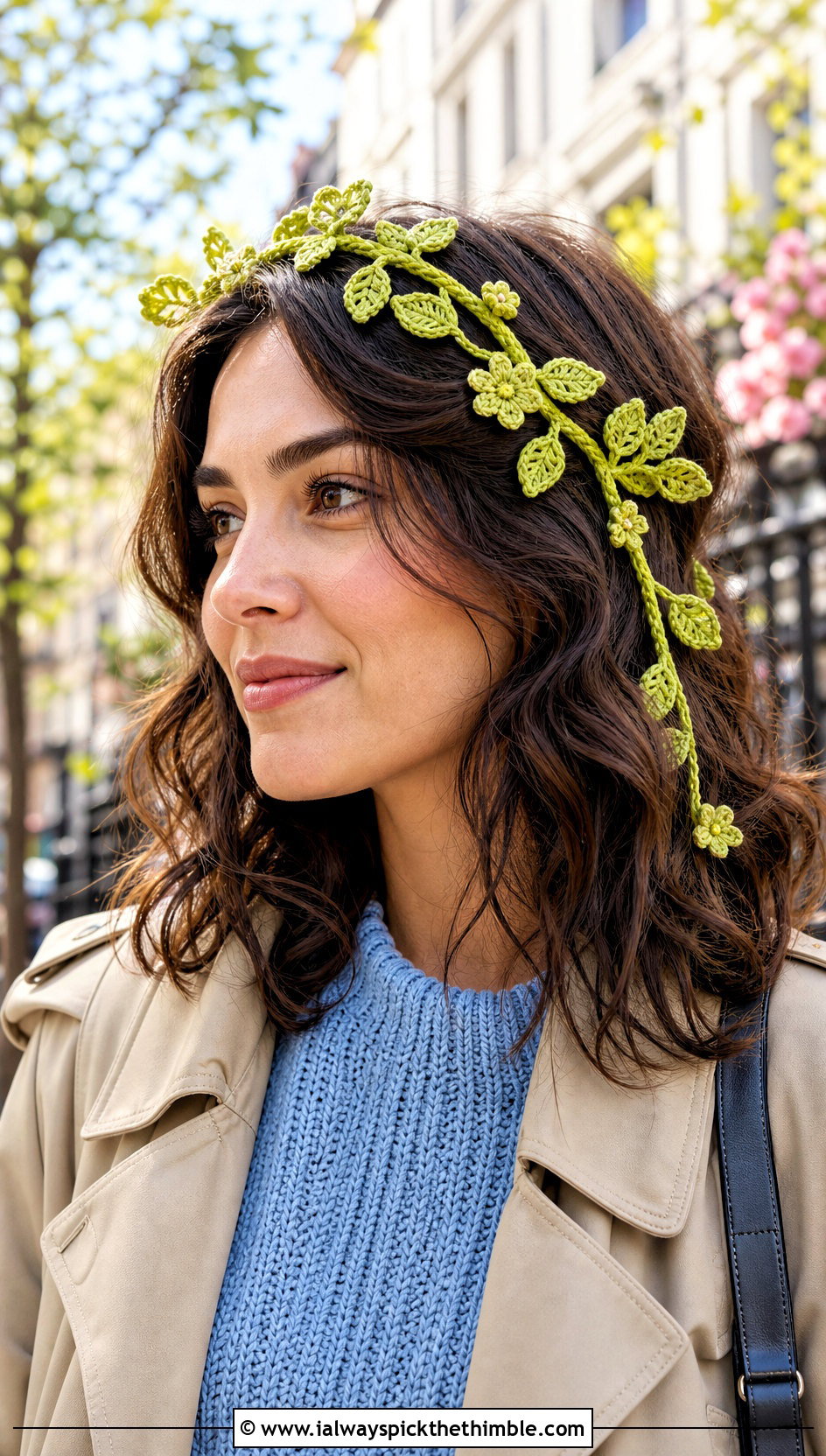 Vine And Leaf Crochet Flower Crown Headband With Trench Coat - 20 crochet flower crown headband outfit ideas