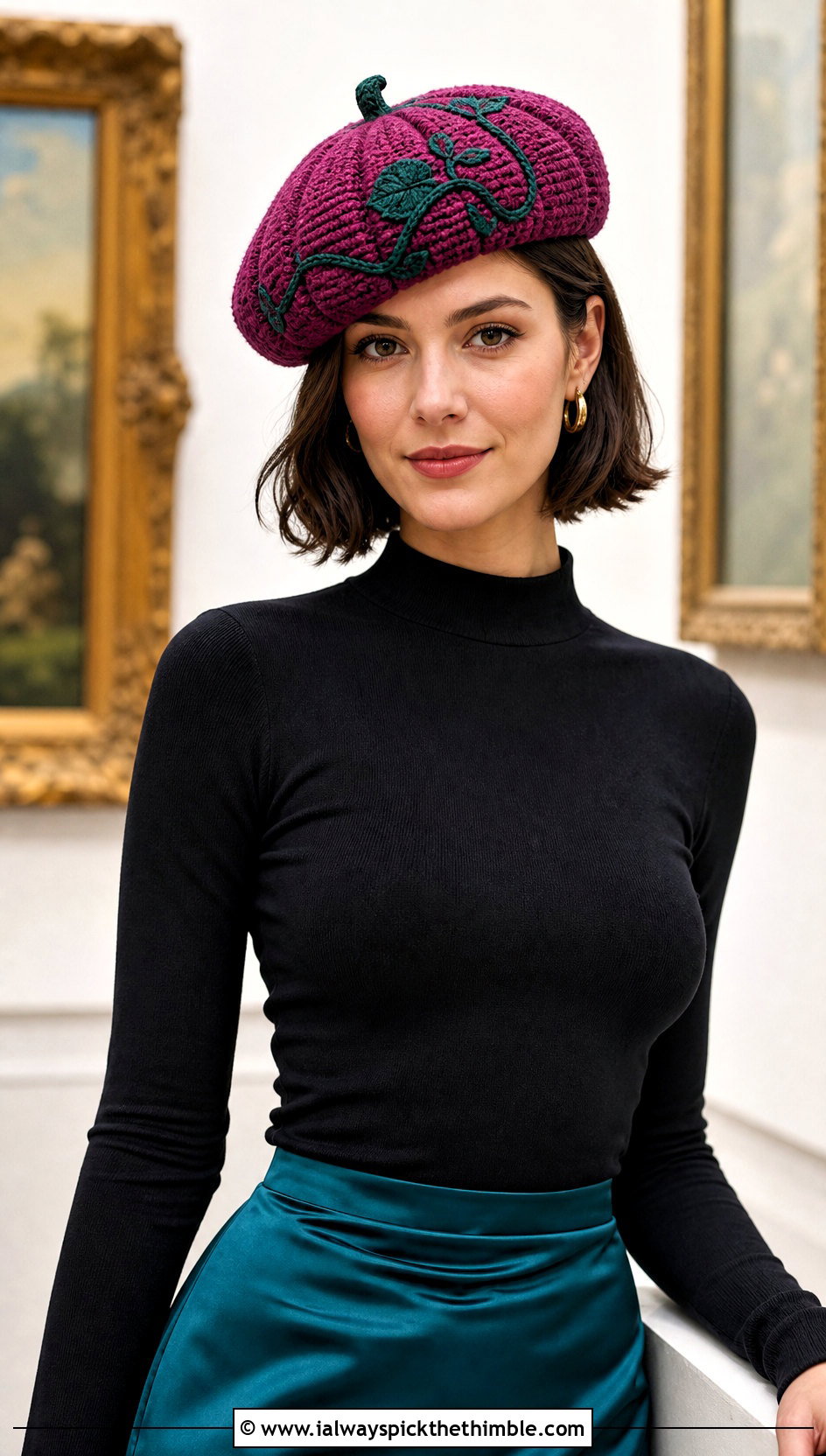 Vine Detail Pumpkin Beret With Satin Skirt - 25 crochet pumpkin hat outfit ideas