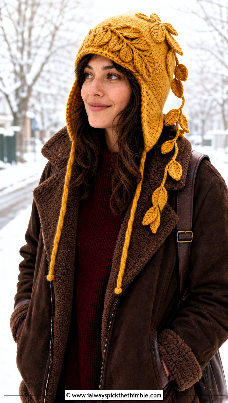 Vine Leaf Earflap Hat With Shearling Coat - 20 Crochet Leaf Hat outfit ideas