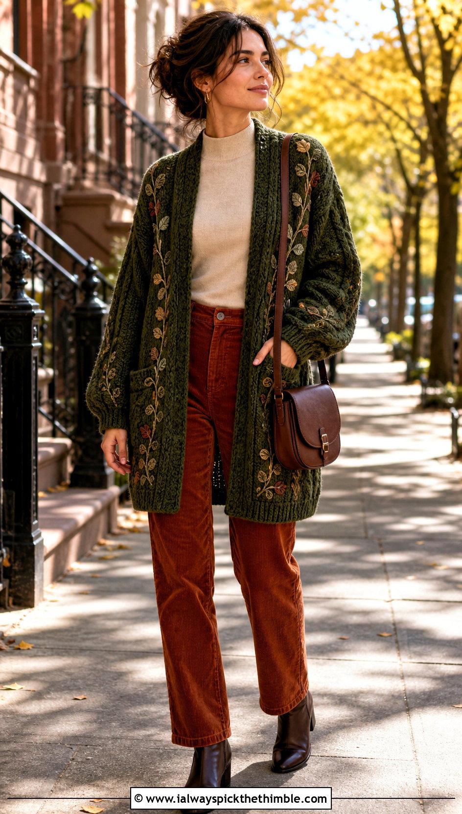Vine Motif Crochet Folklore Cardigan With Corduroy Pants - 25 crochet folklore cardigan outfit ideas