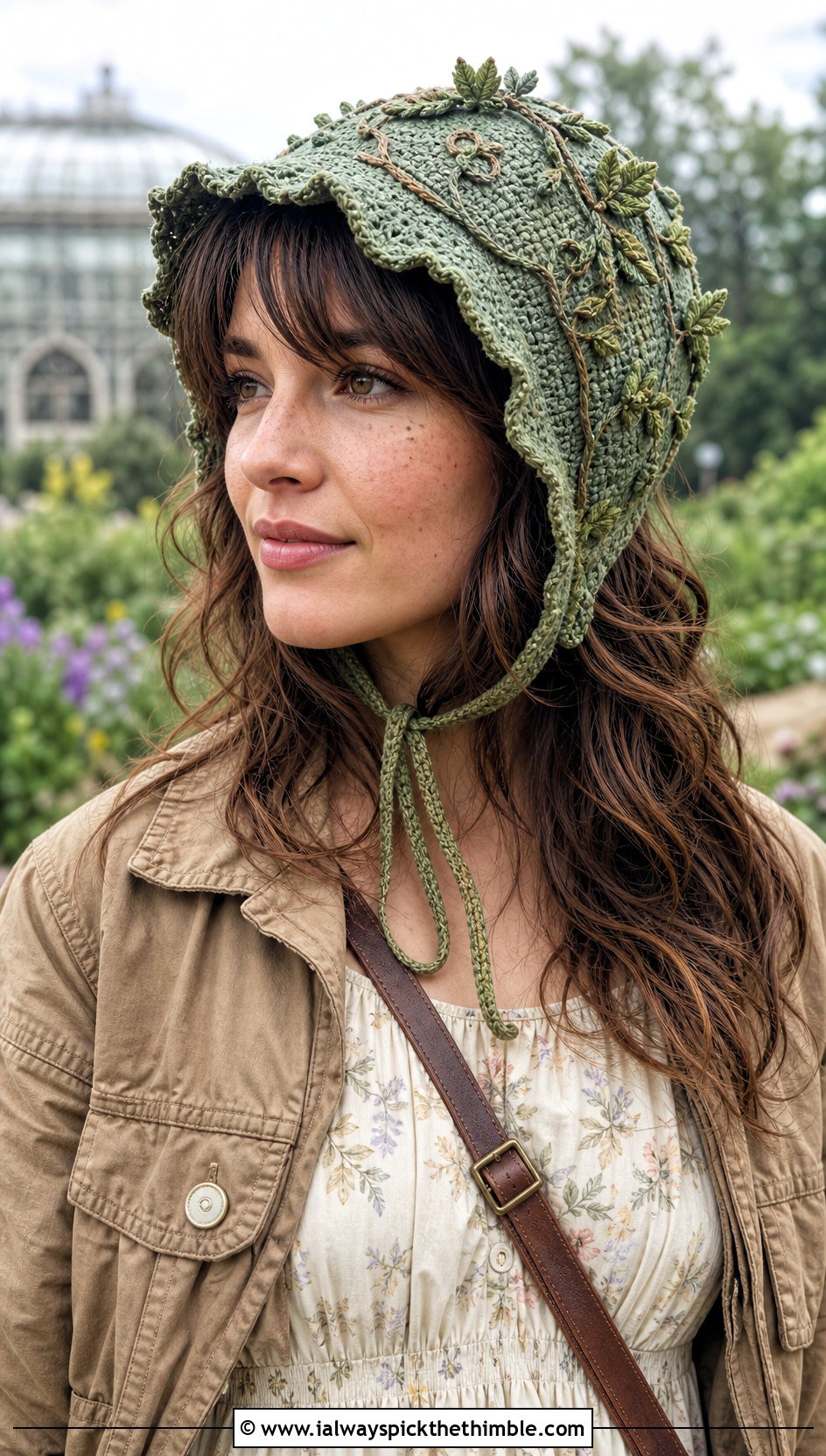 Vine Trimmed Crochet Fairy Bonnet With Prairie Dress - 20 Crochet Fairy Hat outfit ideas