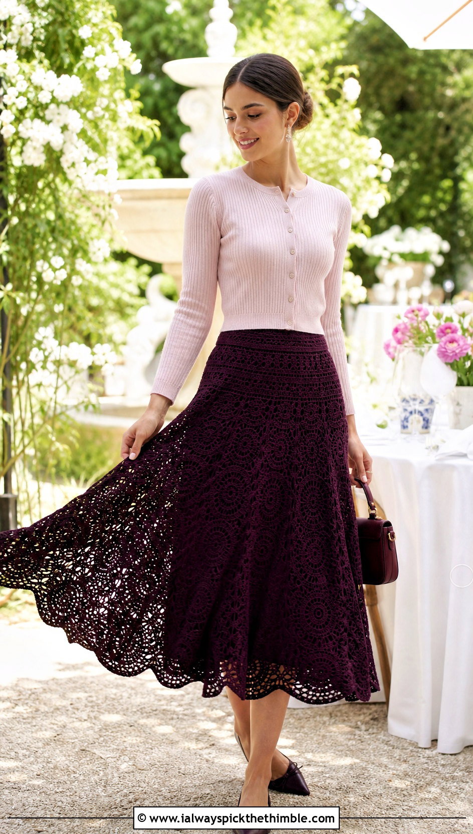 Vintage Crochet Circle Midi Skirt With Cropped Cardigan - 15 Vintage Crochet Skirt outfit ideas