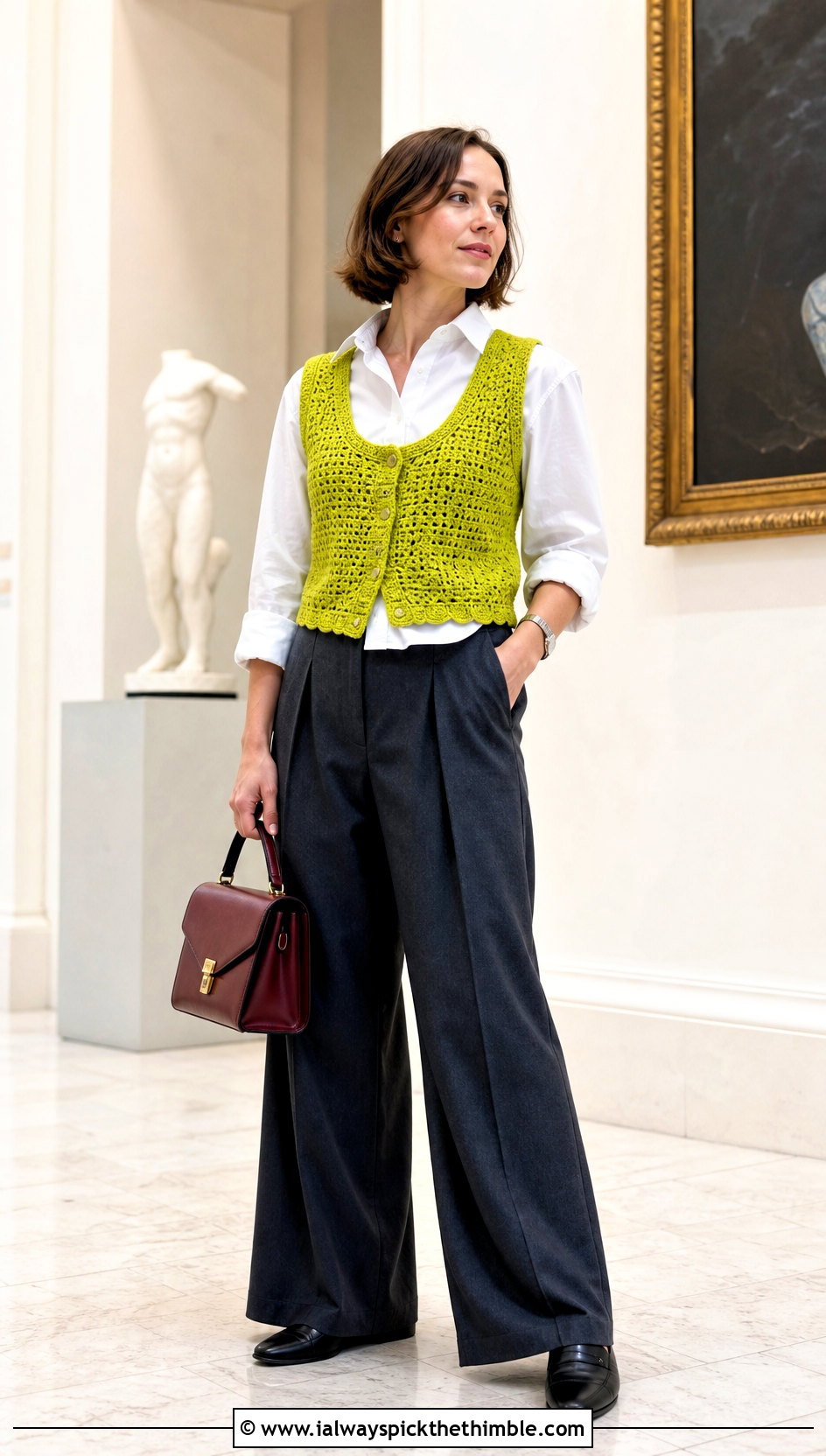 Vintage Crochet Vest Top With White Button Down And Pleated Pants - 15 vintage crochet top design outfit ideas