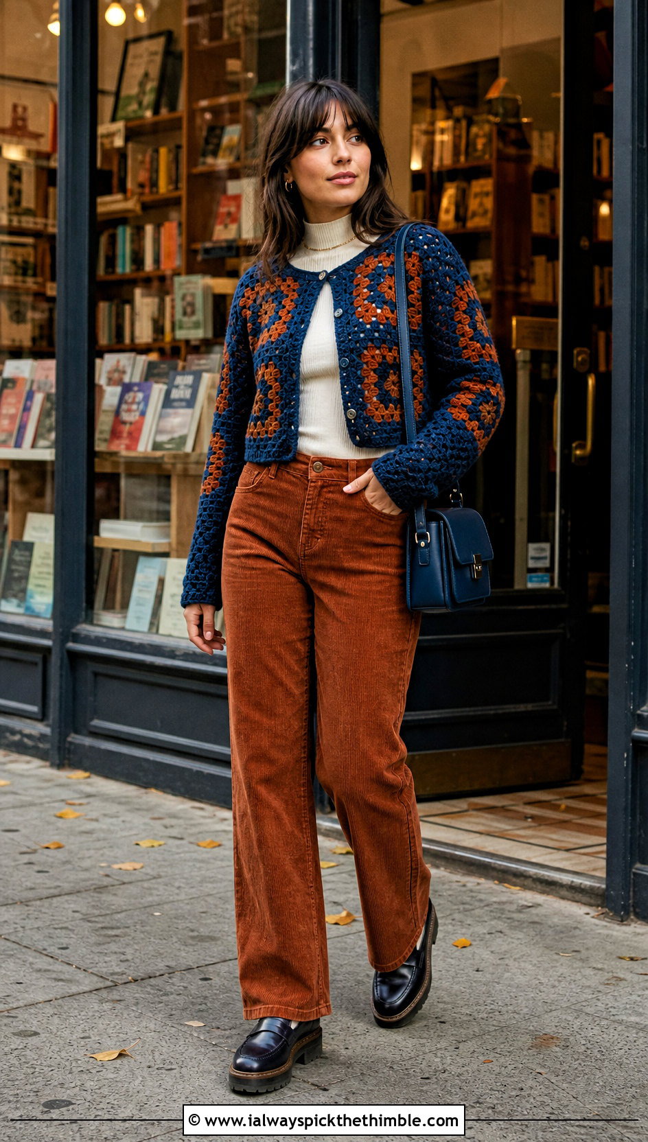 Vintage Cropped Granny Square Cardigan With Corduroy Pants - 20 Cropped Granny Square Cardigan outfit ideas