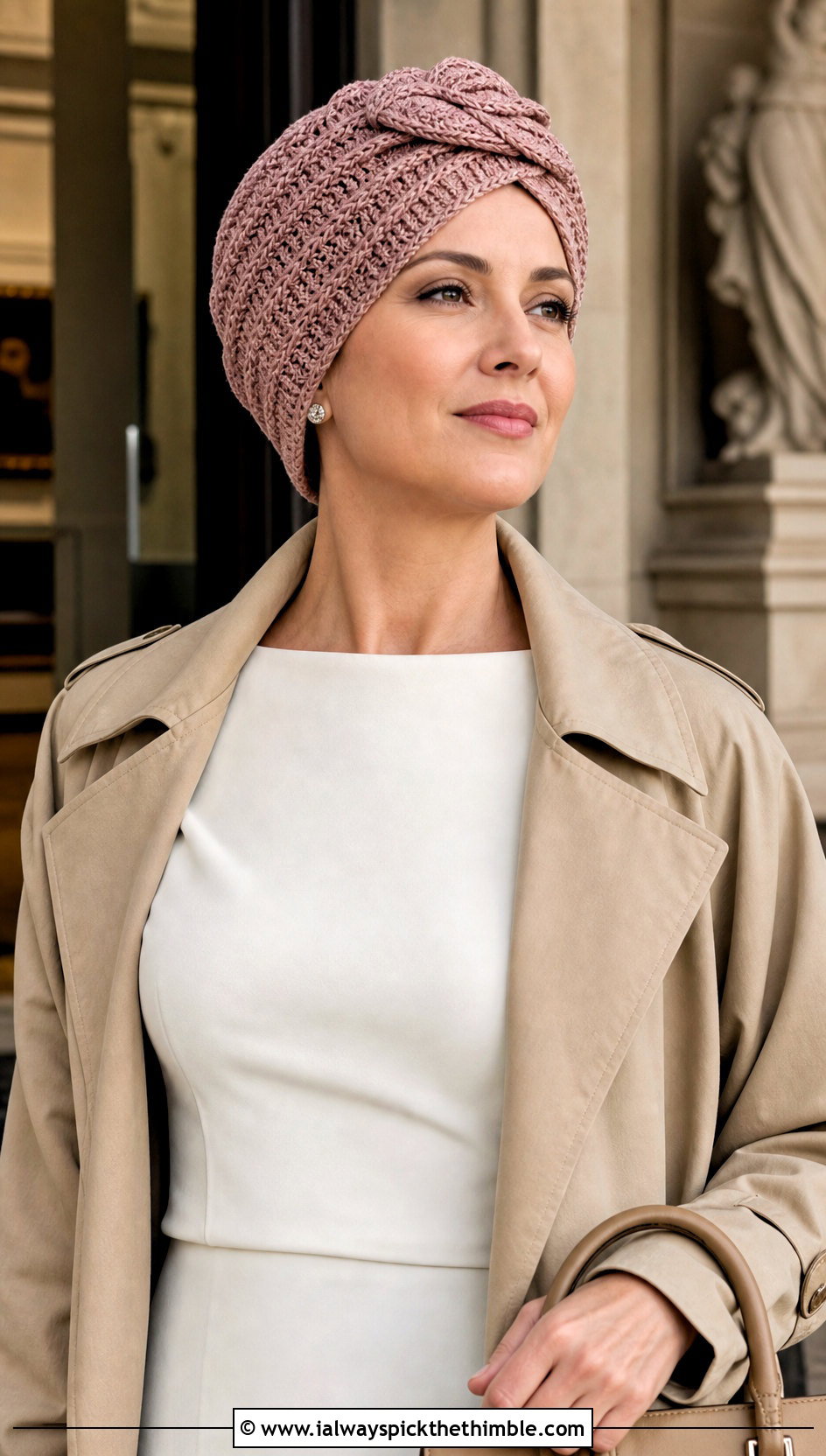 Vintage Draped Crochet Turban Hat With Trench Coat And Midi Dress - 15 crochet turban style hat outfit ideas