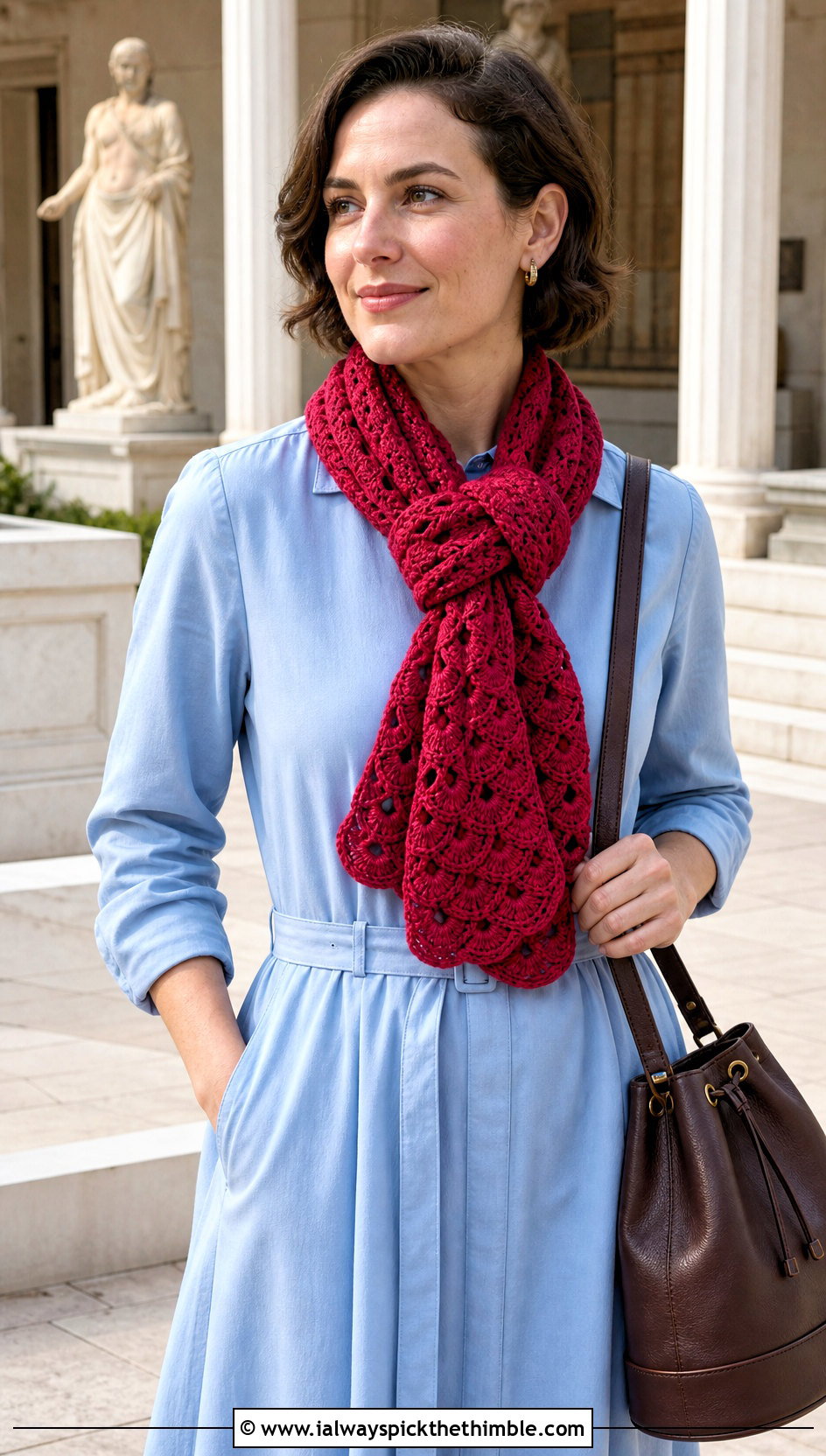 Vintage Fan Ripple Stitch Crochet Scarf With Shirt Dress And Loafers - 15 ripple stitch crochet scarf outfit ideas