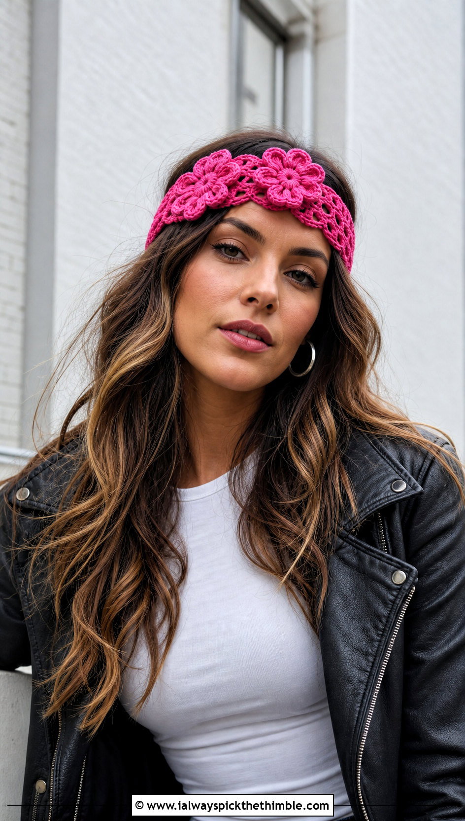 Vintage Floral Applique Crochet Headband With Leather Jacket - 15 vintage crochet headband outfit ideas