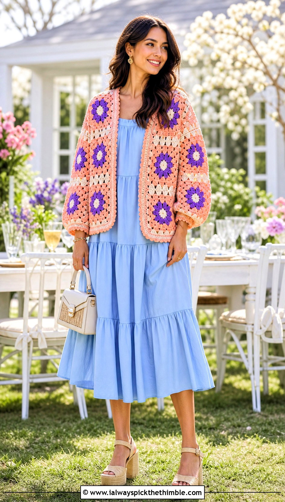 Vintage Floral Giant Granny Square Cardigan With Tiered Midi Dress - 25 giant granny square cardigan outfit ideas