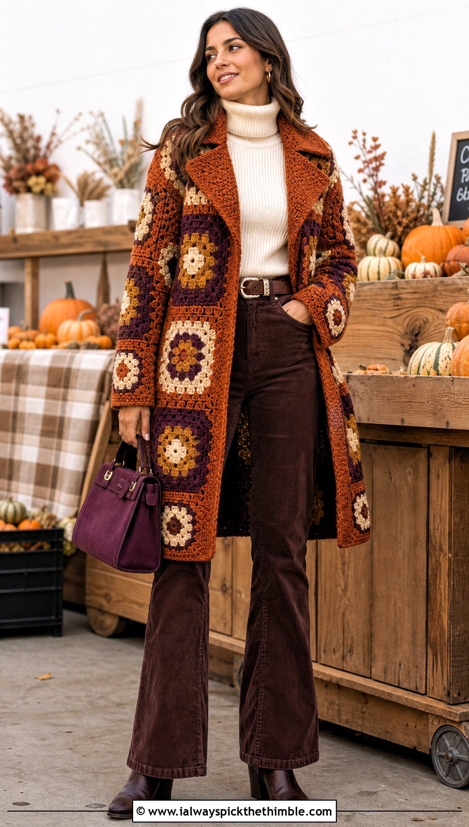 Vintage Granny Square Car Coat With Corduroy Flares - 15 Granny Square Car Coat outfit ideas