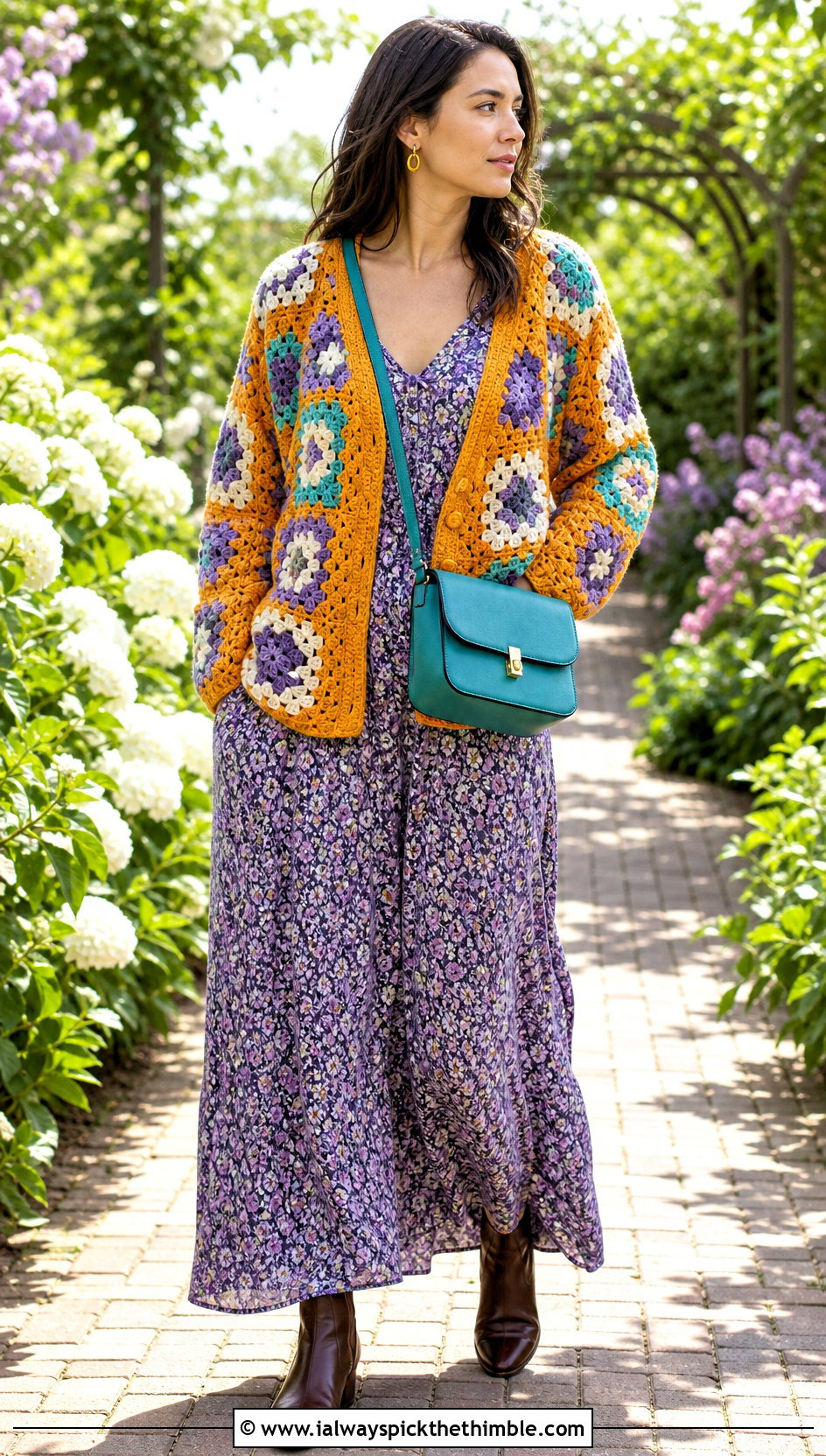 Vintage Granny Square Cardigan With A Floral Maxi Dress - 20 cardigan with granny square outfit ideas