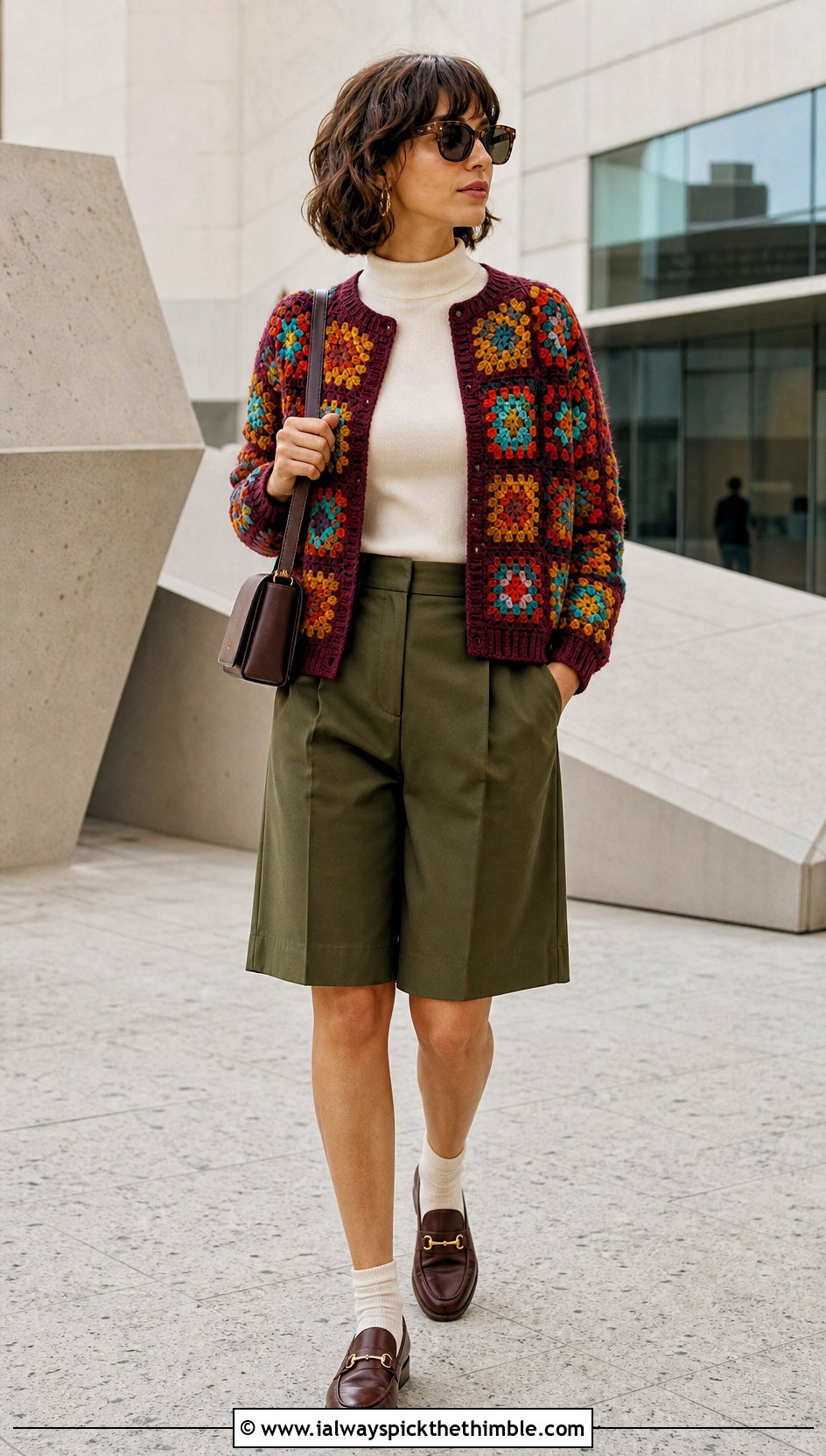 Vintage Granny Square Cardigan With Bermuda Shorts - 20 crochet granny squares cardigan outfit ideas