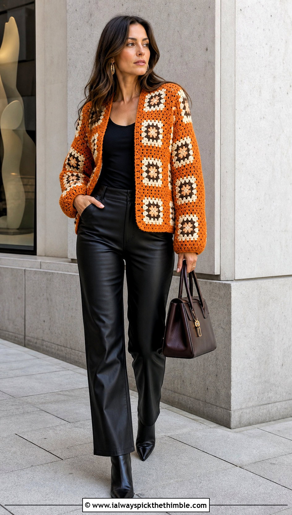Vintage Granny Square Cardigan With Leather Pants - 20 granny squares cardigan outfit ideas