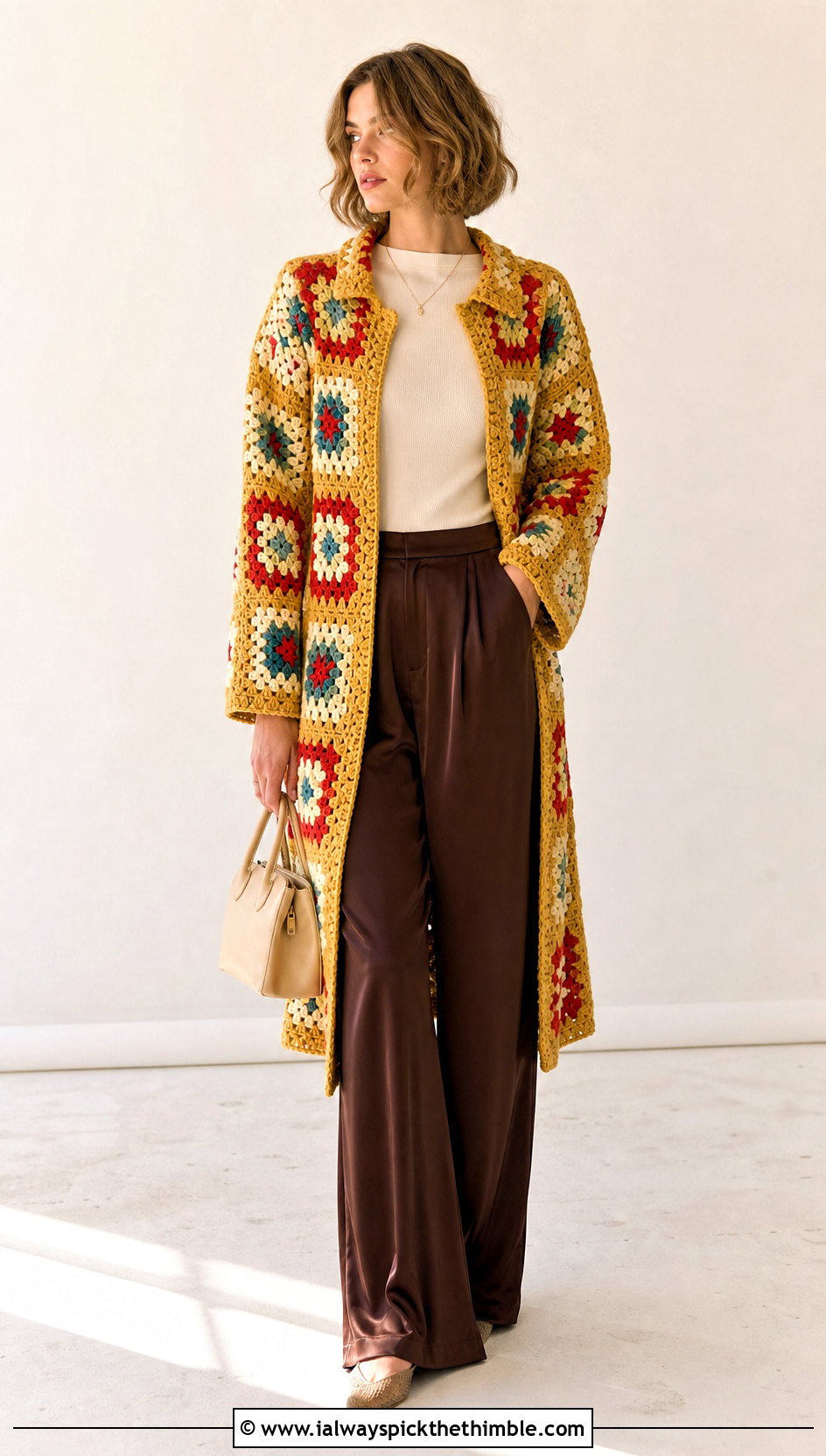 Vintage Granny Square Coat With Satin Pants - 20 granny square coat outfit ideas