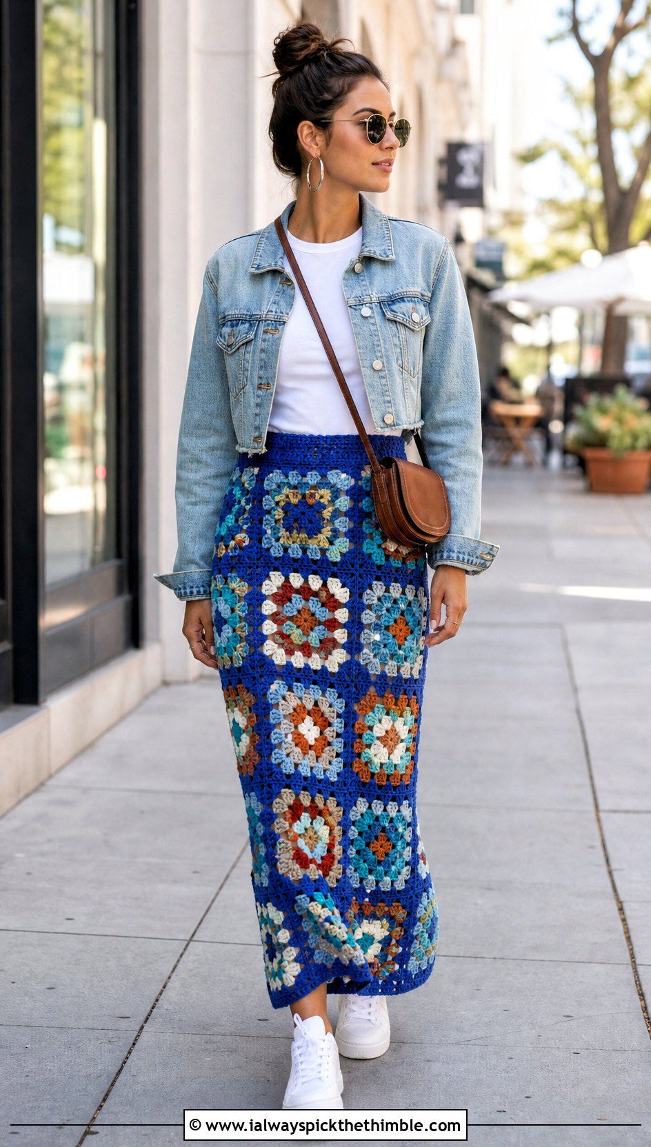 Vintage Granny Square Crochet Maxi Skirt With Denim Jacket - 15 Vintage Crochet Skirt outfit ideas
