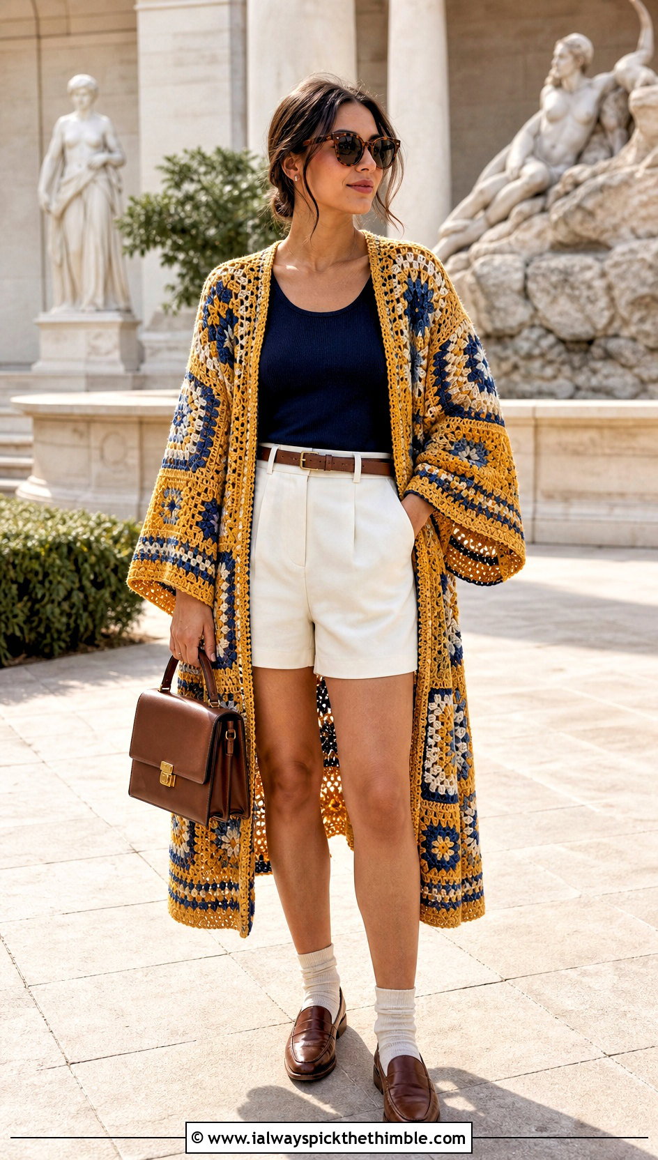 Vintage Granny Square Kimono With Tailored Shorts - 20 granny square kimono outfit ideas