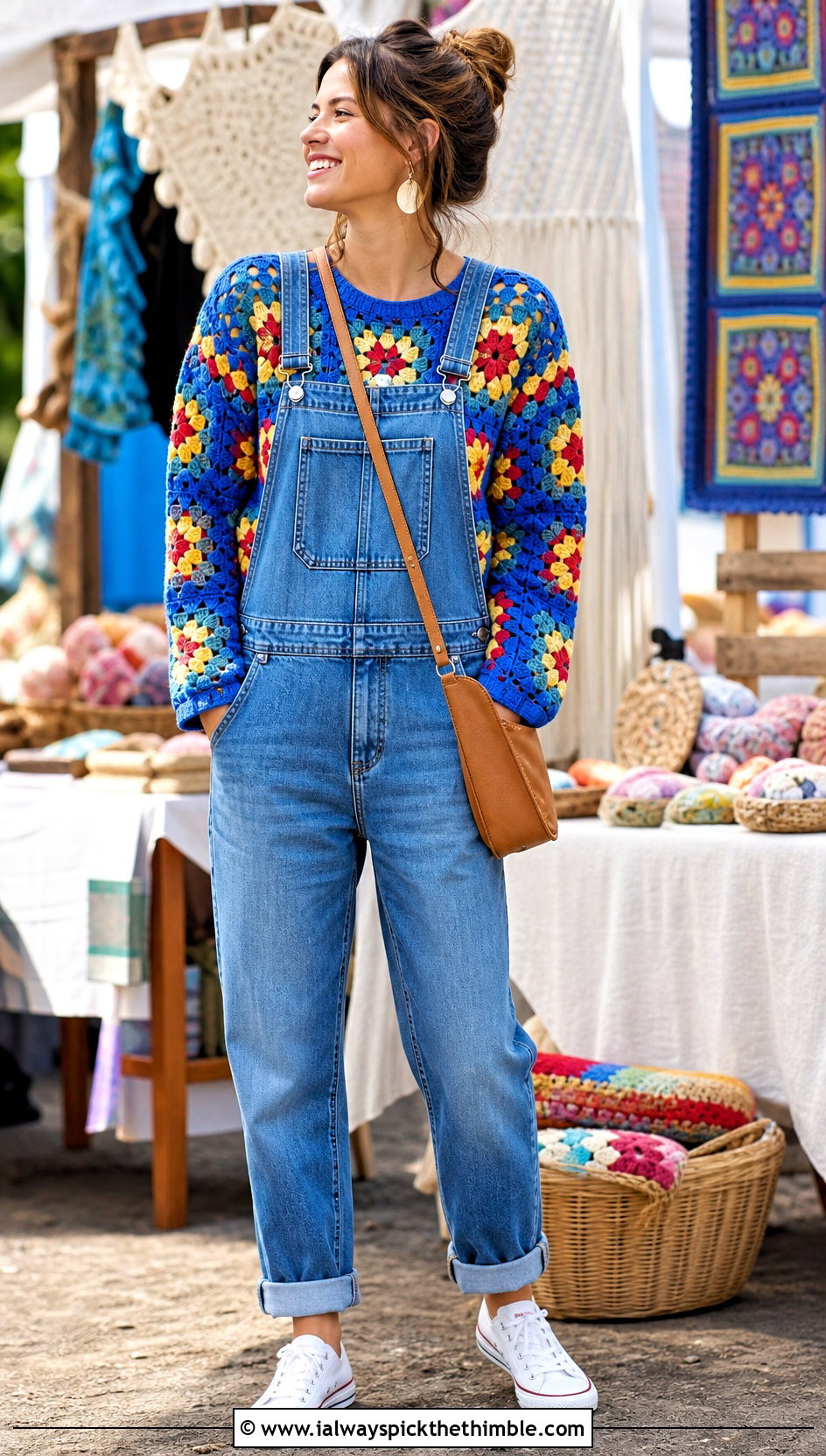 Vintage Granny Square Pullover Sweater With Denim Overalls - 25 Granny Square Pullover Sweater outfit ideas