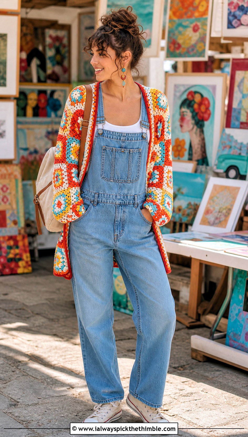 Vintage Granny Square Summer Cardigan With Denim Overalls - 20 granny square summer cardigan outfit ideas