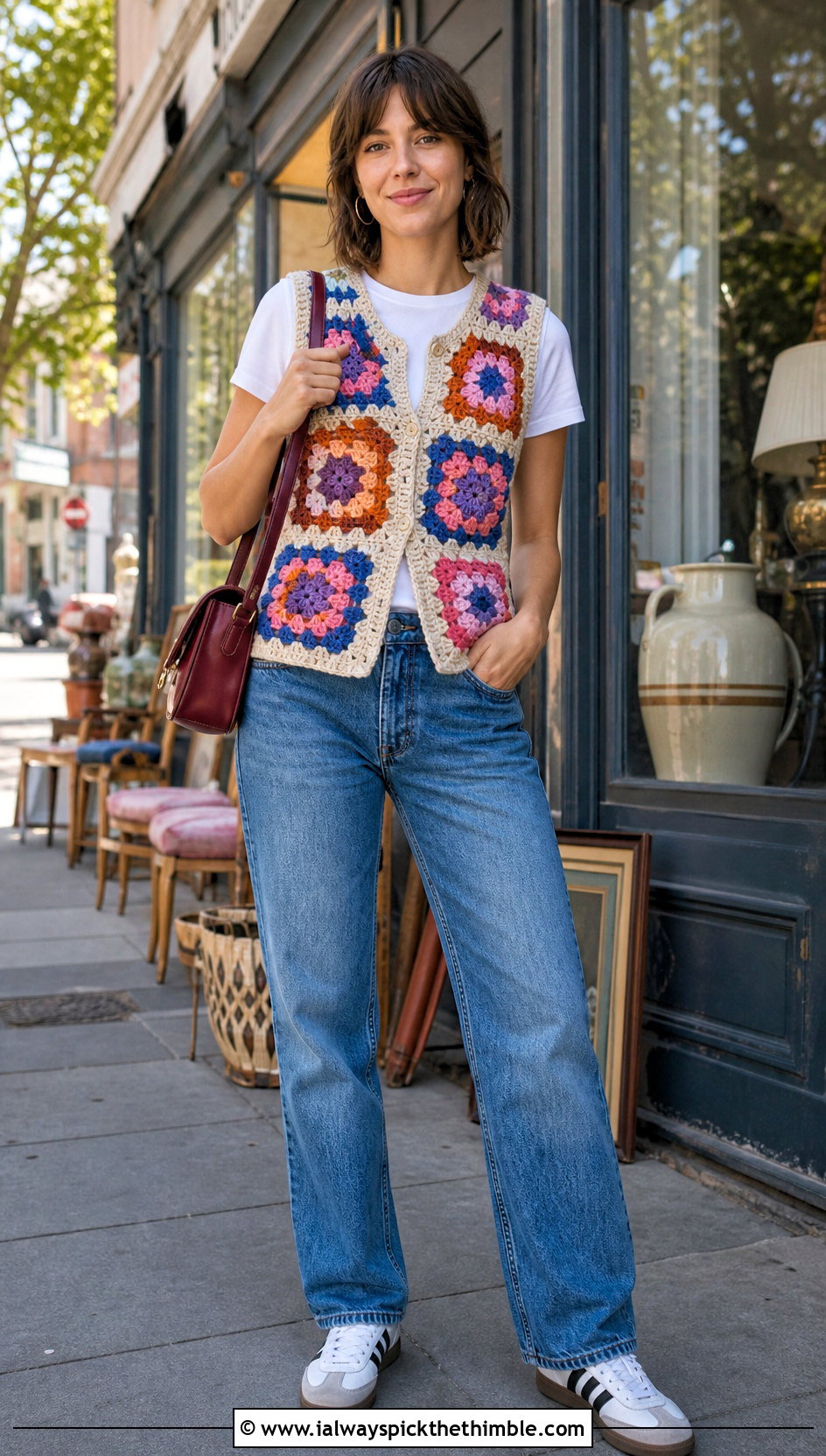 Vintage Granny Square Waistcoat With Straight Jeans - 25 granny square waistcoat outfit ideas