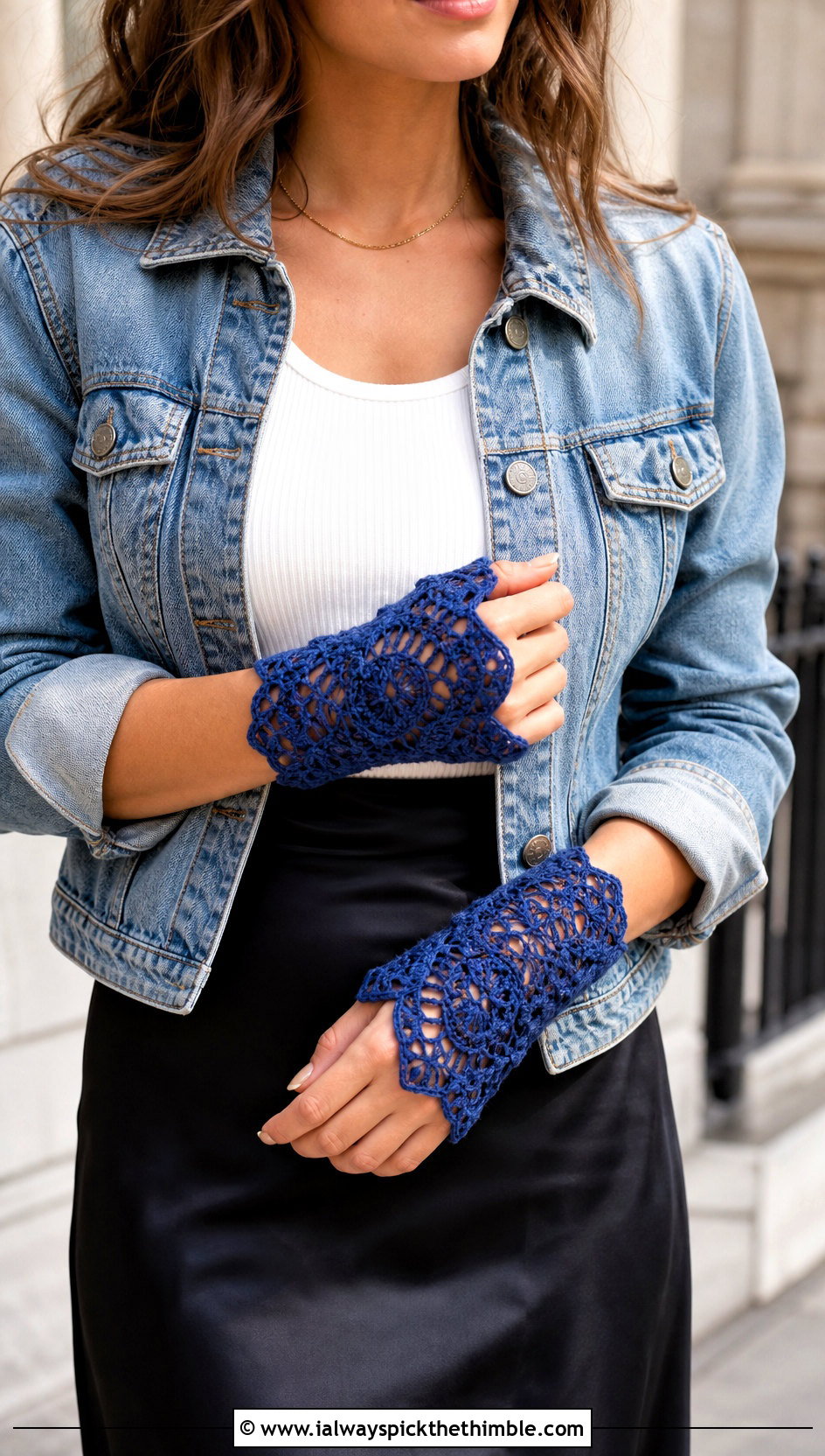 Vintage Lace Fingerless Crochet Mittens With A Denim Jacket - 15 vintage crochet mitten outfit ideas