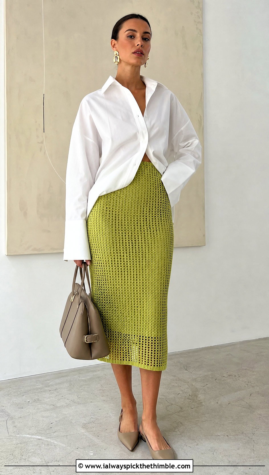 Vintage Mesh Crochet Pencil Skirt With Oversized Poplin Shirt - 15 Vintage Crochet Skirt outfit ideas