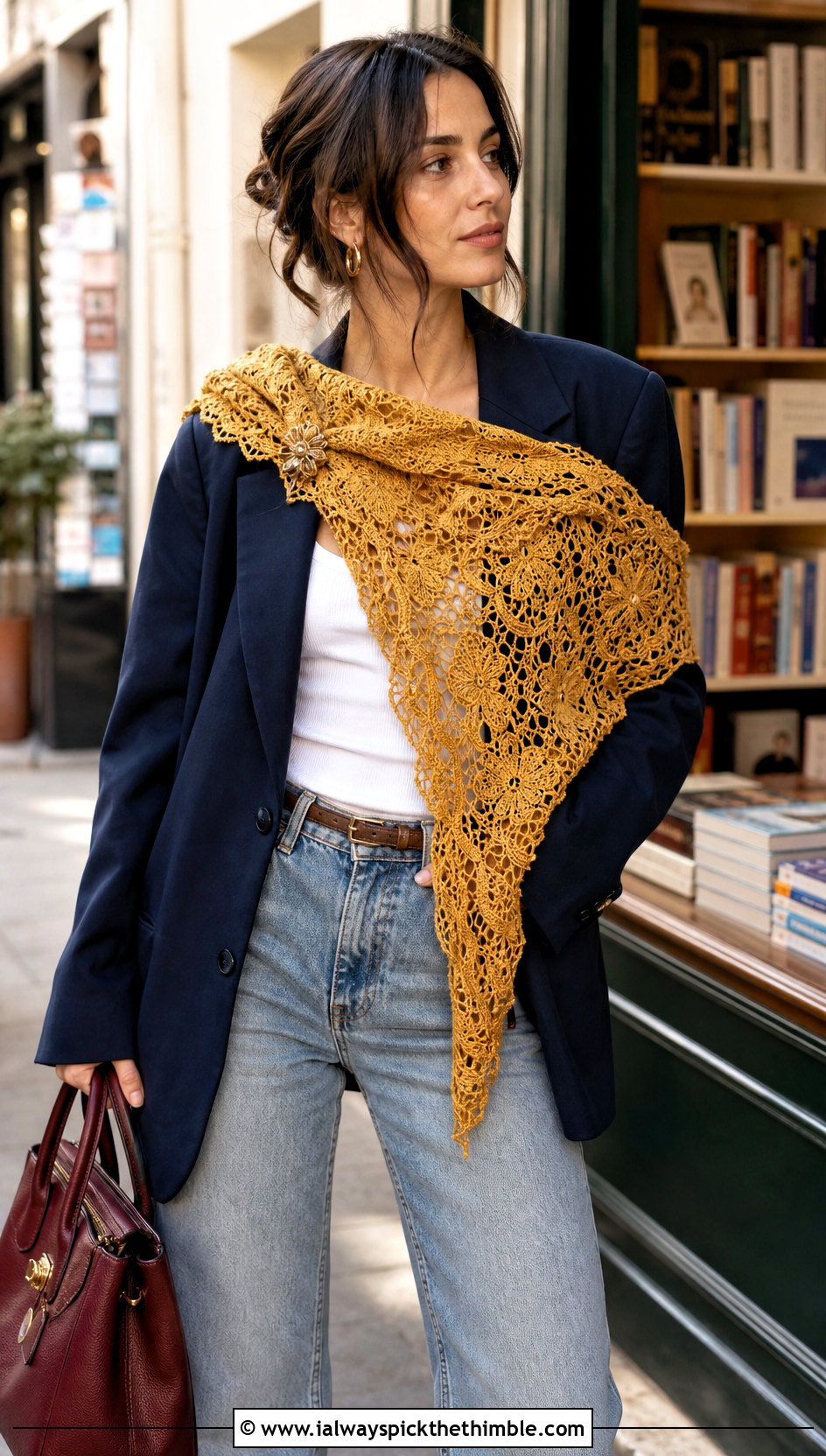 Vintage Motif Lace Triangle Shawl With Blazer And Jeans - 20 Crochet Lace Triangle Shawl outfit ideas