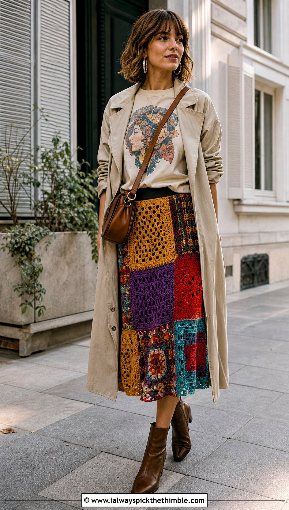 Vintage Patchwork Crochet Midi Skirt With Graphic T Shirt - 15 Vintage Crochet Skirt outfit ideas