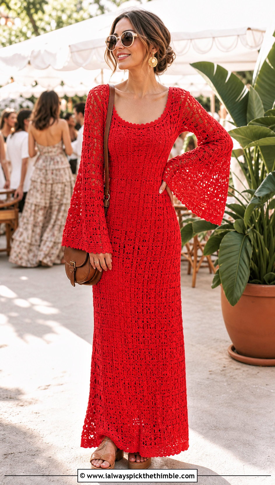Vintage Red Bell Sleeve Crochet Maxi Dress With Platform Sandals - 15 vintage red crochet dress outfit ideas