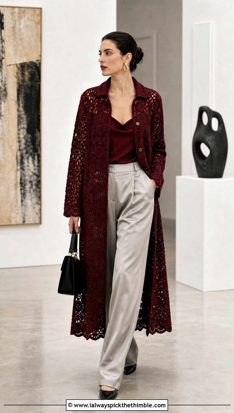 Vintage Red Crochet Coat Dress With Satin Trousers - 15 vintage red crochet dress outfit ideas