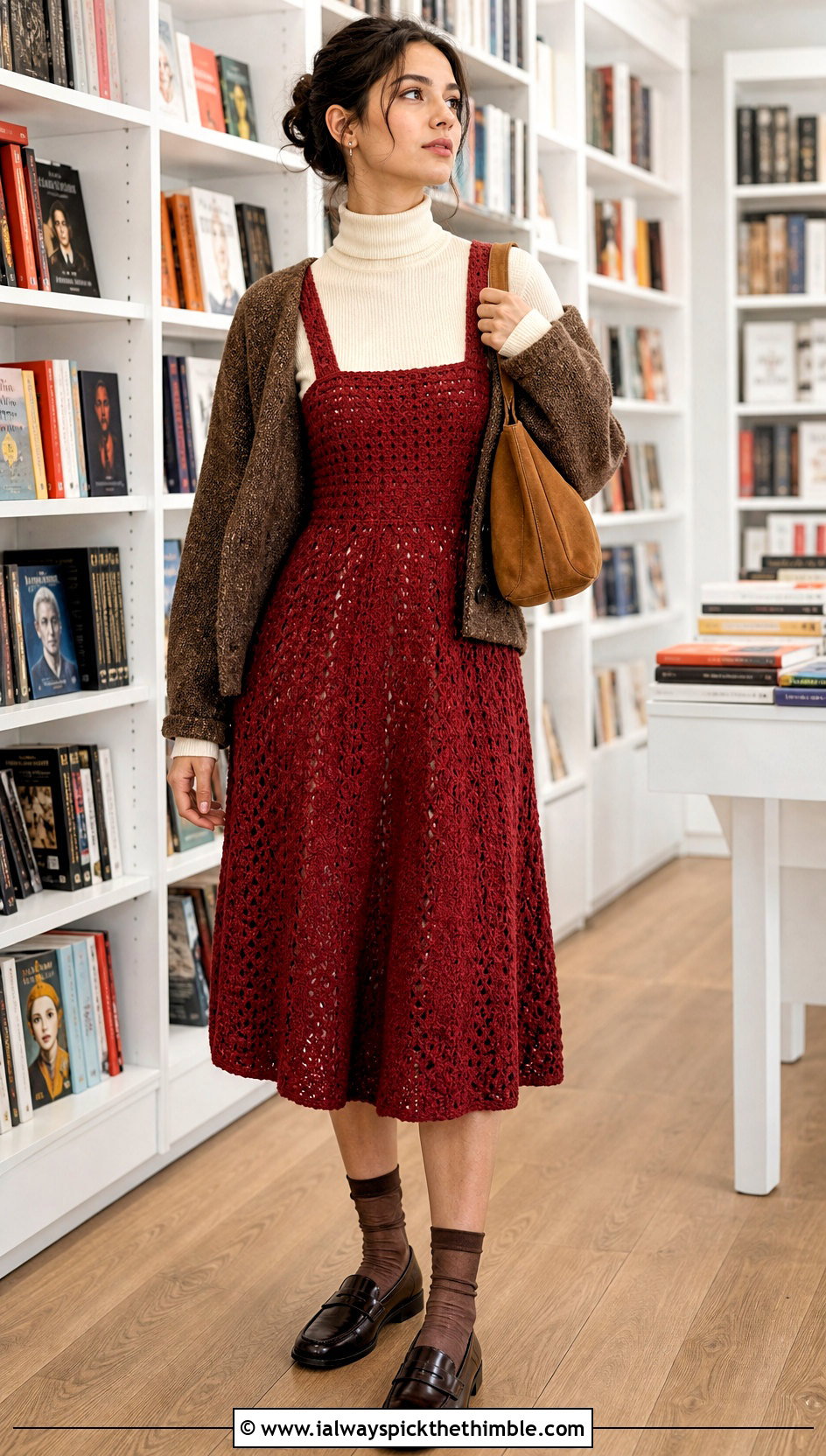Vintage Red Crochet Pinafore Dress With Turtleneck And Loafers - 15 vintage red crochet dress outfit ideas