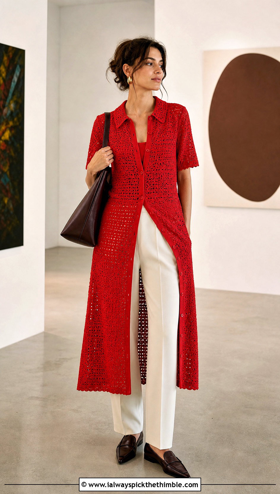 Vintage Red Crochet Shirt Dress With Tailored Trousers - 15 vintage red crochet dress outfit ideas