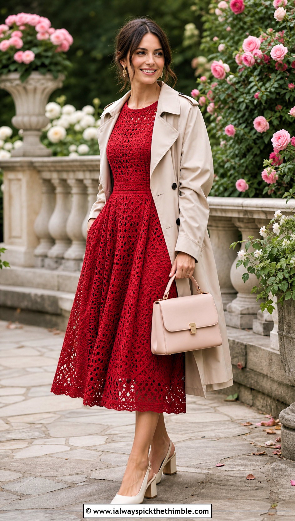 Vintage Red Fit And Flare Crochet Tea Dress With Slingback Heels - 15 vintage red crochet dress outfit ideas