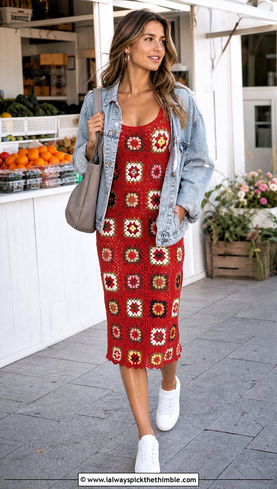 Vintage Red Granny Square Crochet Slip Dress With Denim Jacket - 15 vintage red crochet dress outfit ideas