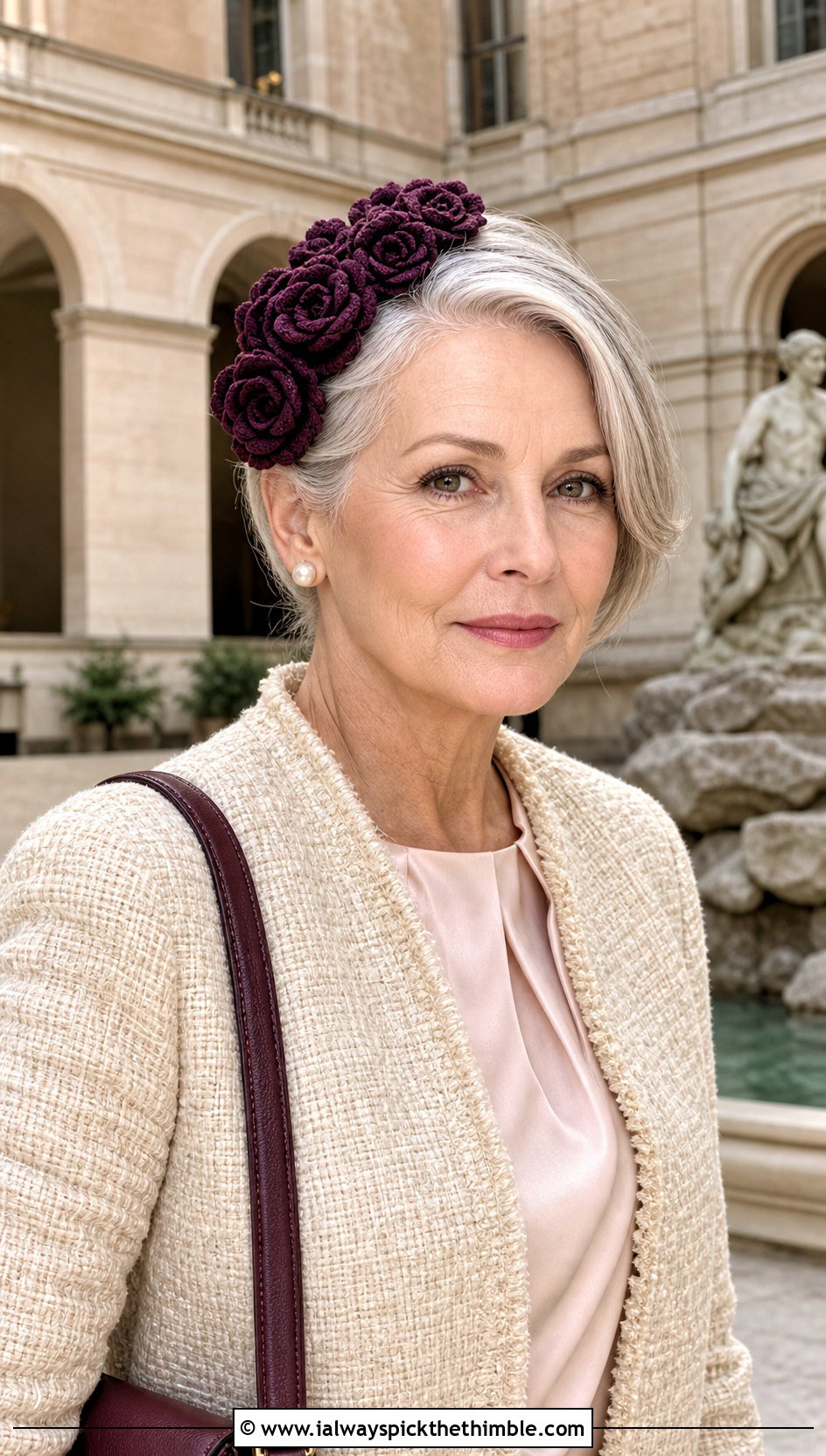 Vintage Rose Cluster Crochet Flower Headband With Tweed Jacket - 25 crochet flower headband outfit ideas