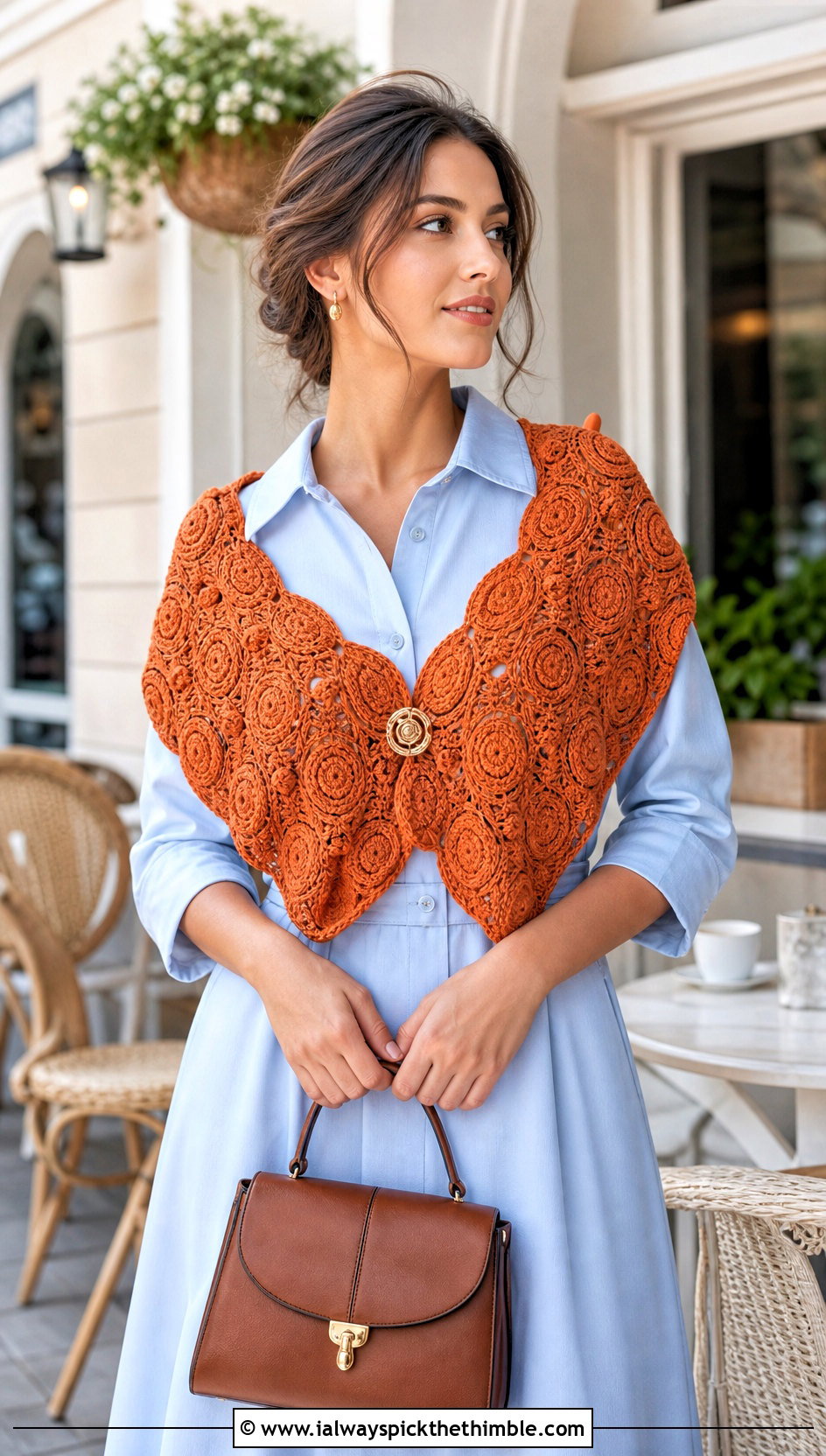 Vintage Rose Medallion Shawl With Shirt Dress - 20 Crochet Rose Shawl outfit ideas